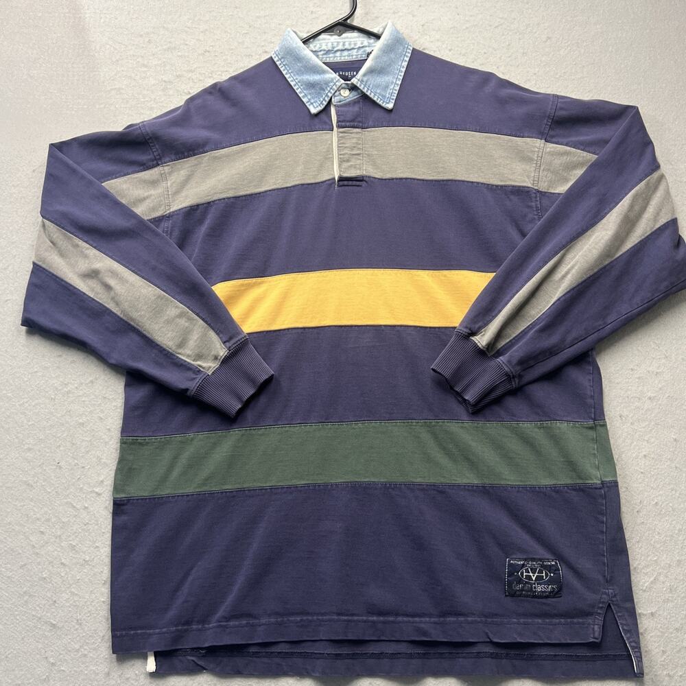Vintage 90s Van Heusen Shirt Men Large Rugby Denim Long Sleeve Preppy Button Up